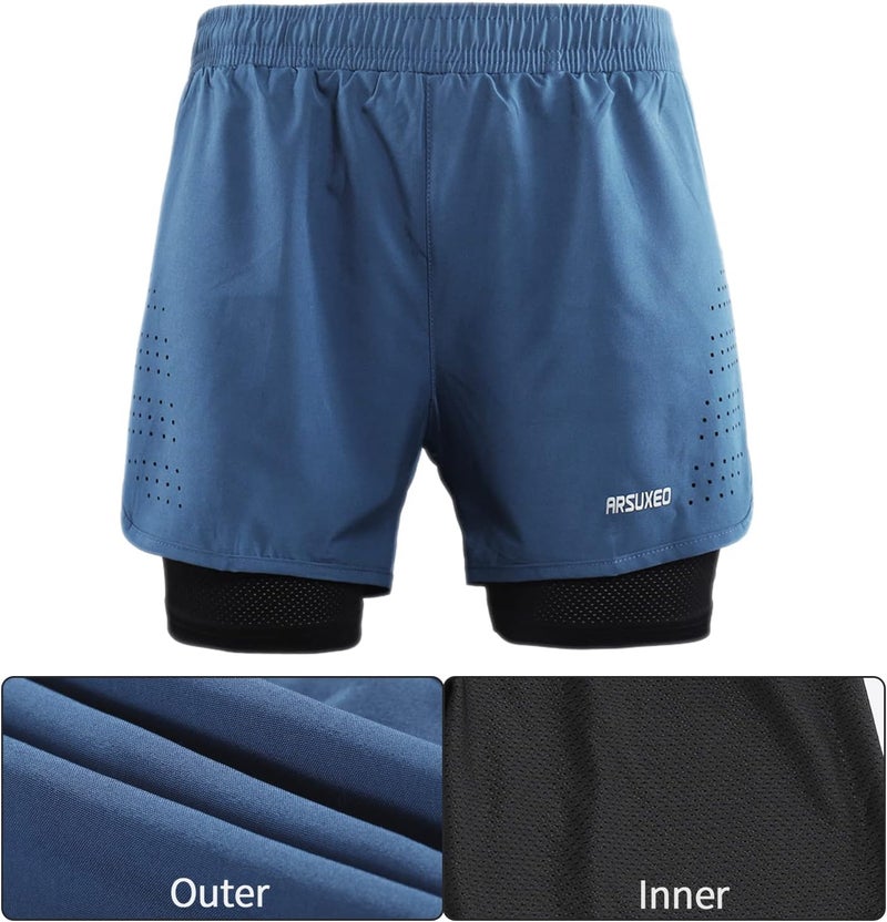 ARSUXEO Men's Active Training Running Shorts 2 in 1 - Blue, Size Large - Image 3