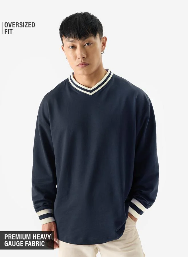The Souled Store Men Navy Blue Oversized V-Neck T-Shirt with Striped Cuffs