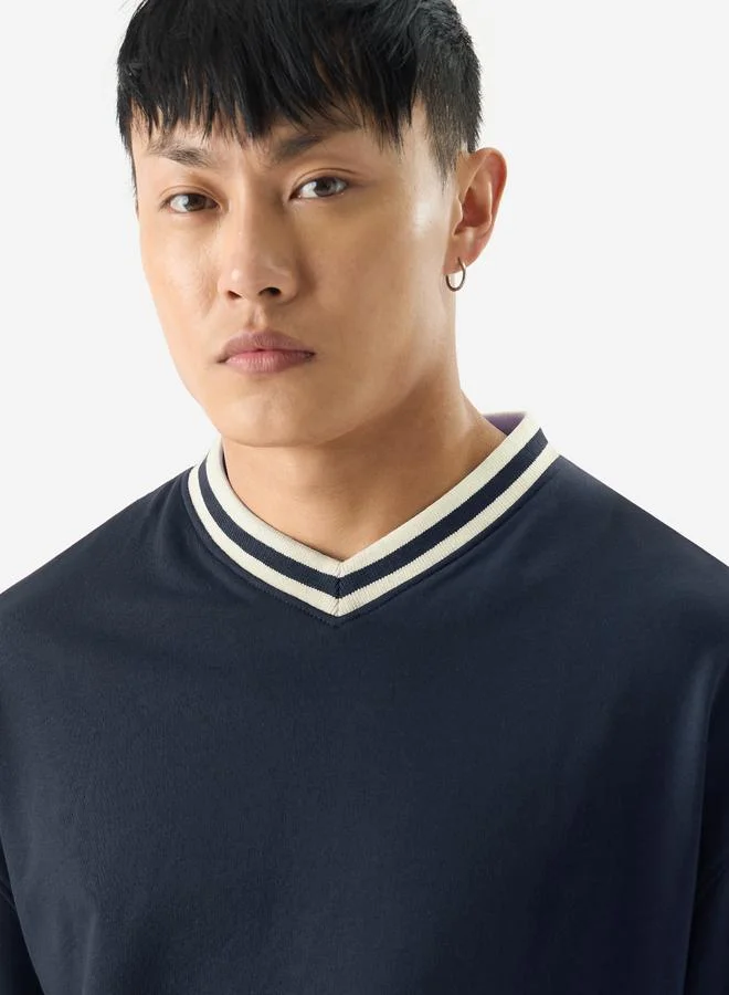 The Souled Store Men Navy Blue Oversized V-Neck T-Shirt with Striped Cuffs