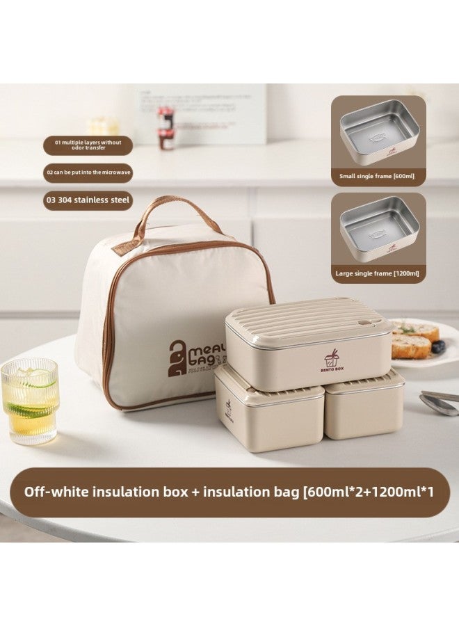 Large Capacity Microwave Preservation Box Lunch Box Heating Student Lunch Box Stainless Steel Lunch Box Office Tape-Specifications:White 600ml*2+1200ml*1+tableware+insulation Bag - Image 1