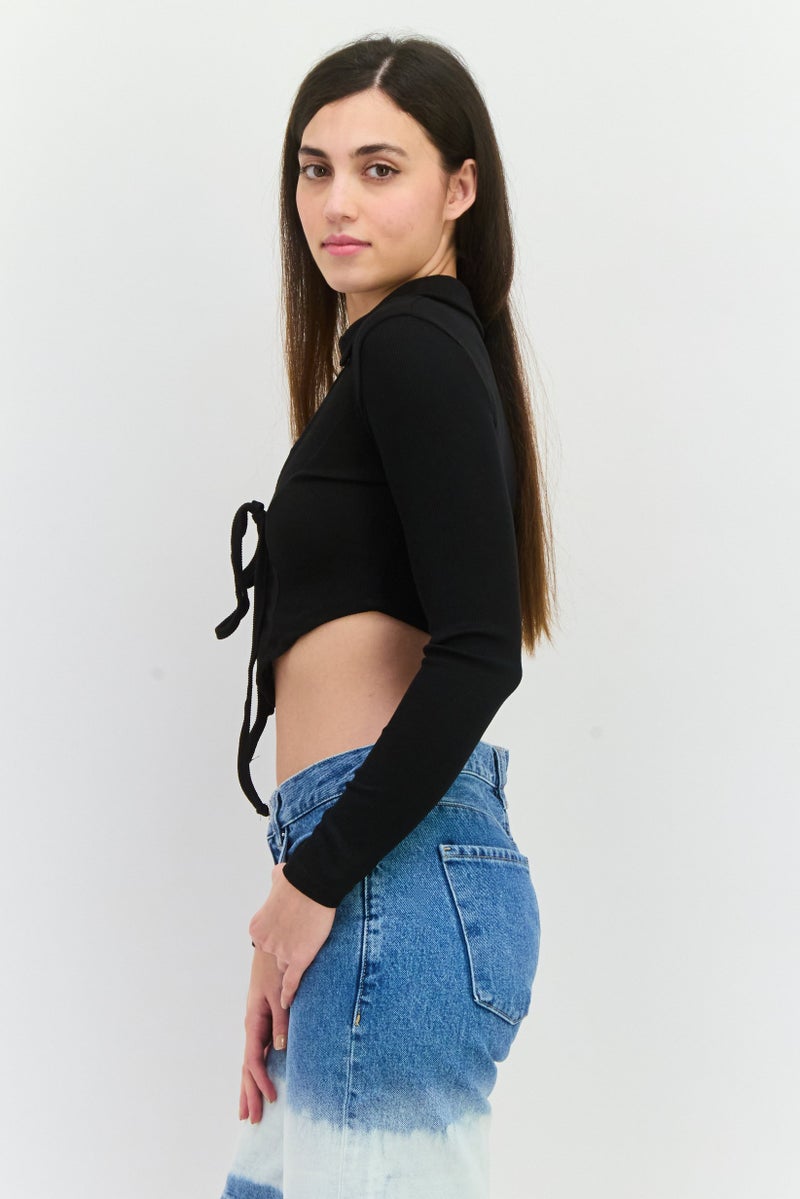 POOF بلوزة نسائية بأكمام طويلة وياقة مفتوحة، سوداء - Image 3