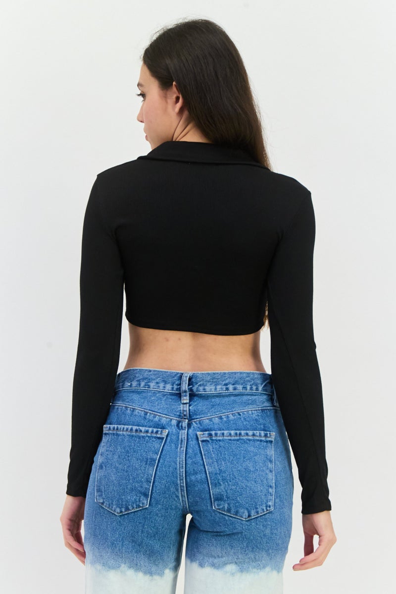 POOF بلوزة نسائية بأكمام طويلة وياقة مفتوحة، سوداء - Image 2