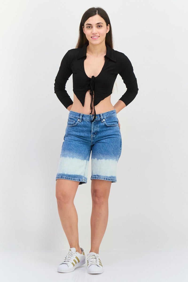 POOF بلوزة نسائية بأكمام طويلة وياقة مفتوحة، سوداء - Image 4