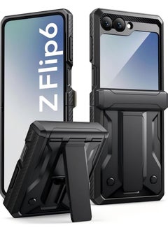 جراب هاتف Z Flip 6 مع مسند ومشبك حزام، [غطاء مفصلي] [واقي شاشة مدمج] جراب هاتف فاخر مقاوم للصدمات والسقوط لهاتف سامسونج جالكسي Z Flip 6 5G إصدار 2024، باللون الأسود