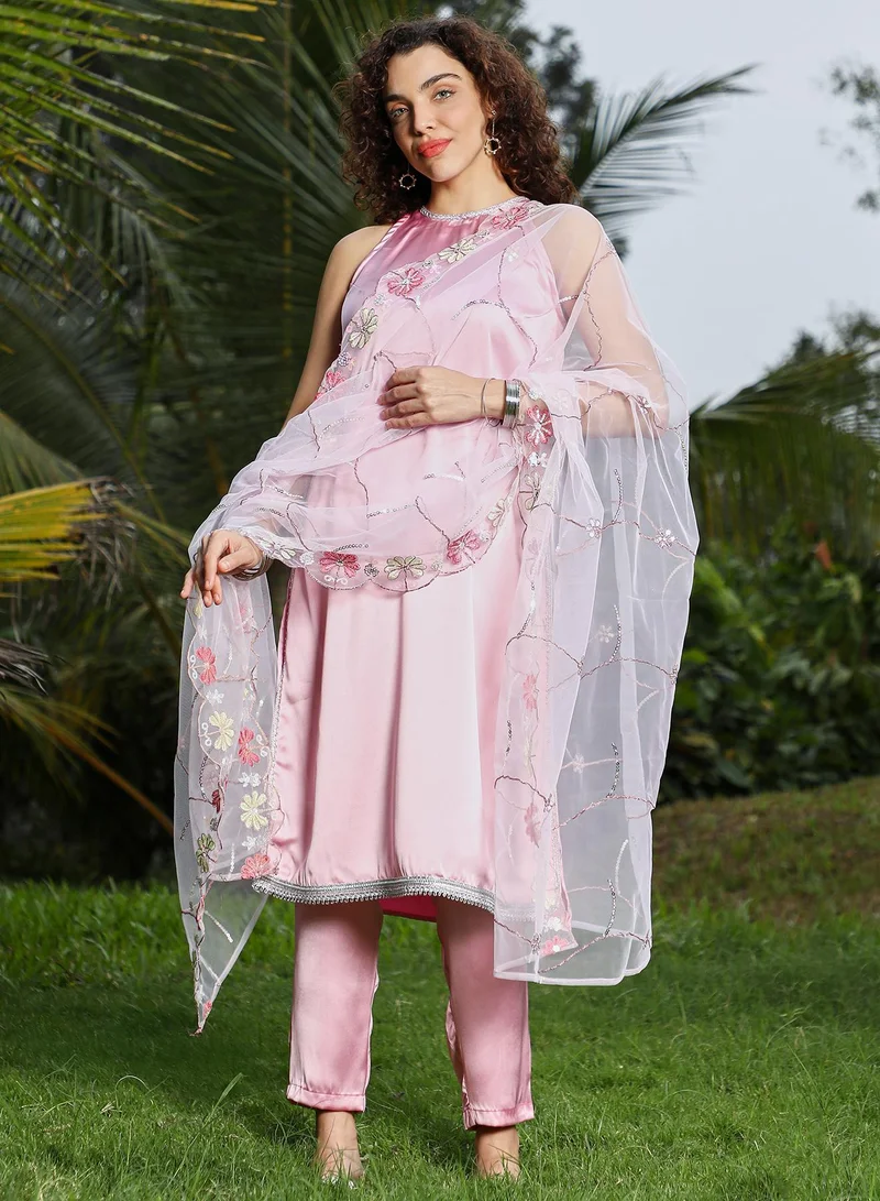 QISSA Women's Powder Pink Blush Bloom Kurta Set