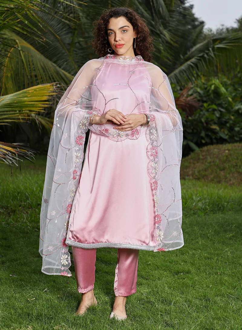 QISSA Women's Powder Pink Blush Bloom Kurta Set