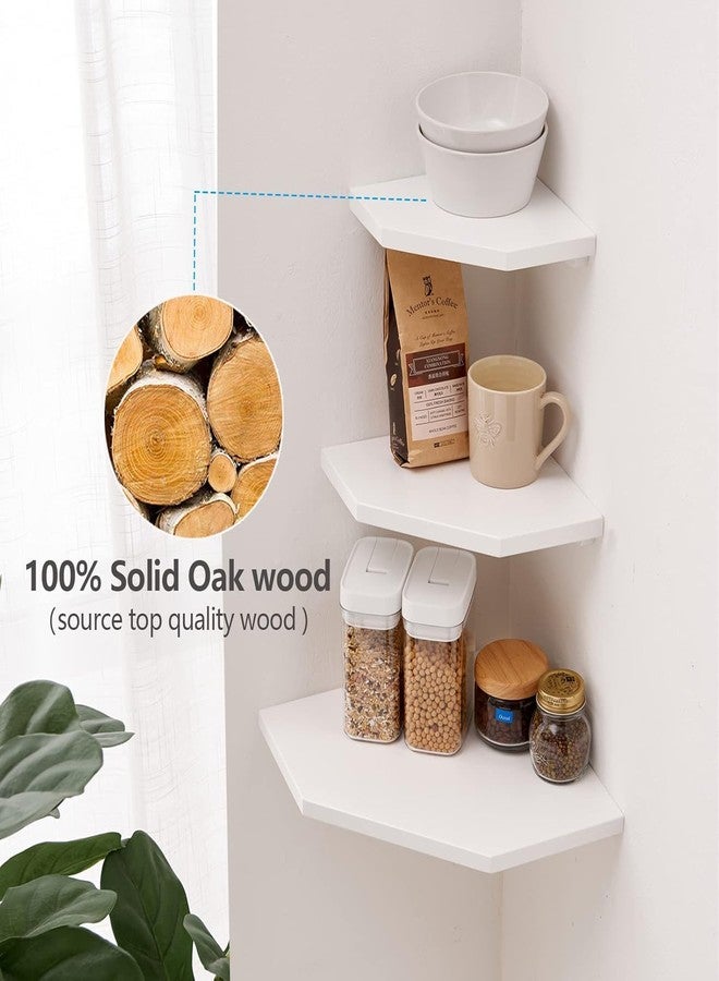 Conamily Corner Floating Shelves, White Corner Wall Shelf Set of 2, Solid Oak Wood Corner Shelves Wall Mount Shelf with Wire Hole Small Plant Display for Kitchen Living Room Bedroom - Image 3