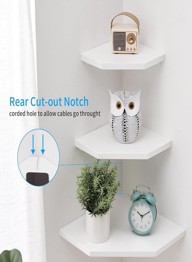 Conamily Corner Floating Shelves, White Corner Wall Shelf Set of 2, Solid Oak Wood Corner Shelves Wall Mount Shelf with Wire Hole Small Plant Display for Kitchen Living Room Bedroom - Image 2