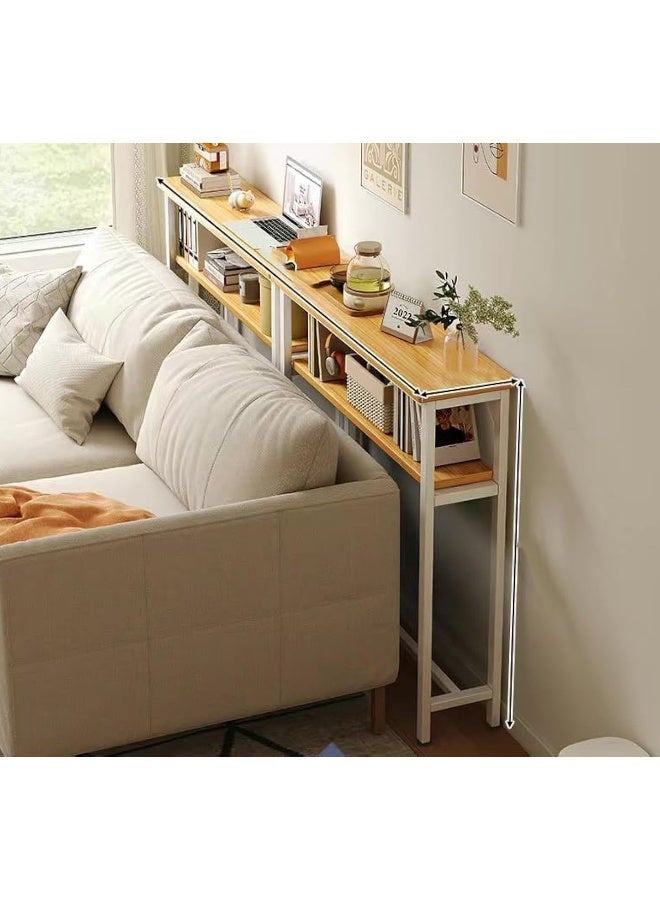 ليدين طاولة وحدة تحكم ضيقة ذات مستويين مع مساحة تخزين وطاولة أريكة طويلة جدًا خلف الأريكة أو المدخل (لون الخشب وإطار أبيض) - Image 1