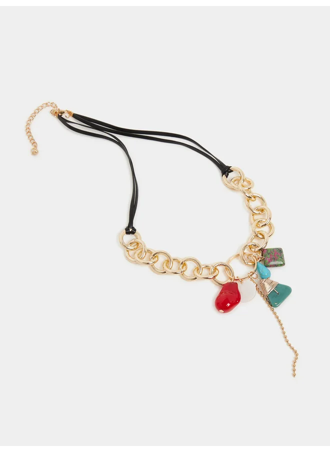 ستايلي Styli Chain Trim Faux Gemstone Pendant Necklace