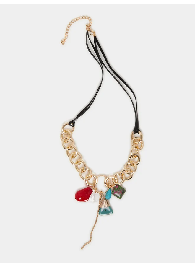ستايلي Styli Chain Trim Faux Gemstone Pendant Necklace