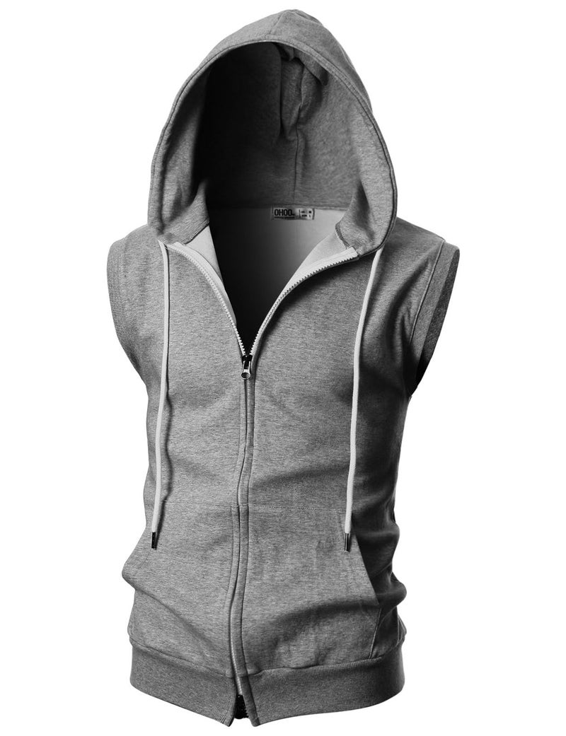 Ohoo Mens Slim Fit Sleeveless Lightweight Zipup Hooded Vest 2 Way Zipper Hoodie Sweatshirt DCF011DEEPGREYM