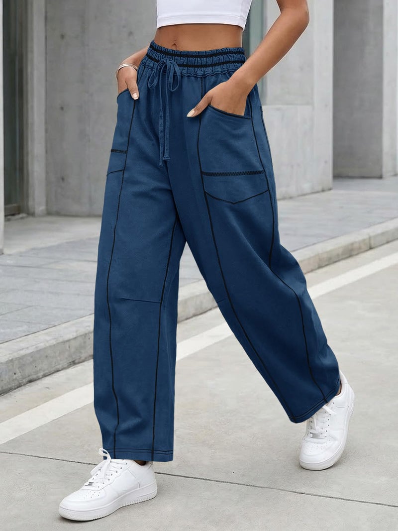 Aoysky Womens Baggy Barrel Wide Leg Pants Casual Drawstring Elastic Waist Contrast Stitch Workout Sweat Pants with Pockets Navy - Image 3