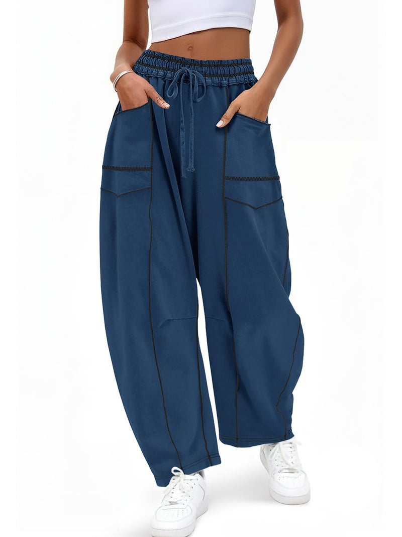 Aoysky Womens Baggy Barrel Wide Leg Pants Casual Drawstring Elastic Waist Contrast Stitch Workout Sweat Pants with Pockets Navy - Image 1