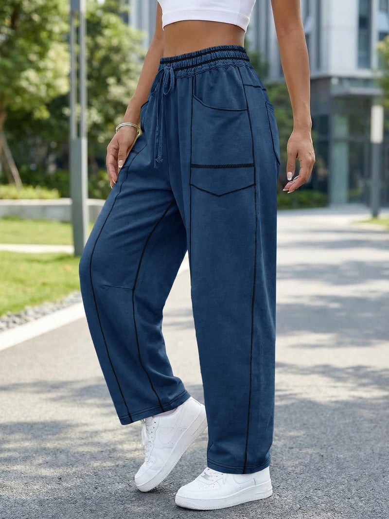 Aoysky Womens Baggy Barrel Wide Leg Pants Casual Drawstring Elastic Waist Contrast Stitch Workout Sweat Pants with Pockets Navy - Image 2