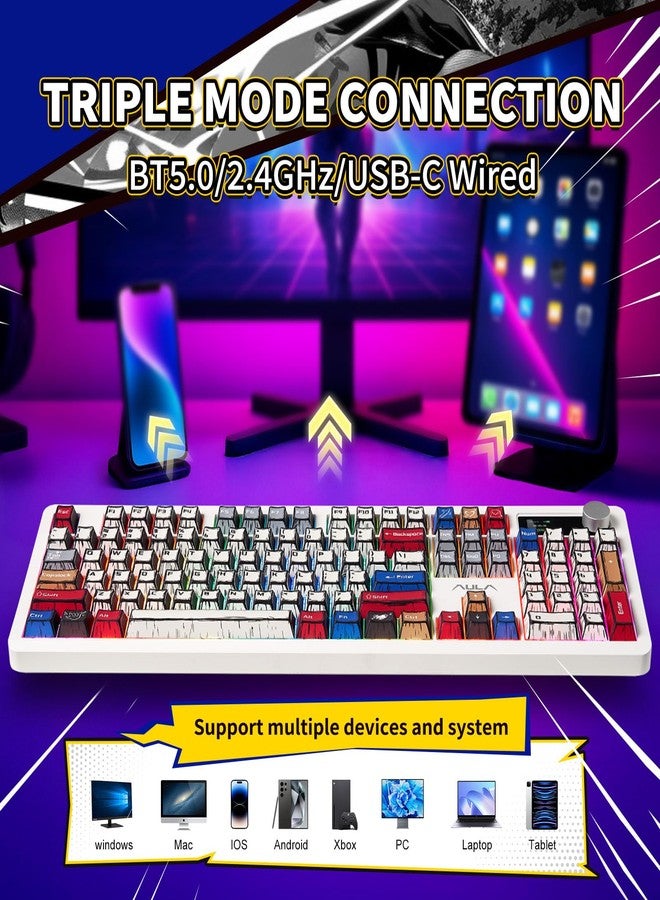 AULA لوحة مفاتيح ميكانيكية لاسلكية AULA F106 PRO، لوحة مفاتيح ألعاب كاملة الحجم مع مقبض قابل للتبديل وشاشة، إضاءة خلفية RGB ثلاثية الوضع مع 8000mAh لجهاز الكمبيوتر/اللابتوب/ويندوز - مفتاح بليز، مزيج كوميدي - Image 3