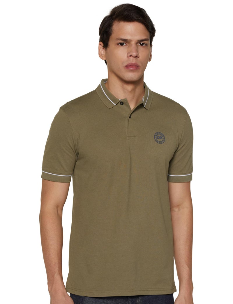 Peter England Men's Regular Fit Branded Insignia Half Sleeve Polo T-Shirt | Cotton Rich | Premium Pique Weave Olive - Image 1