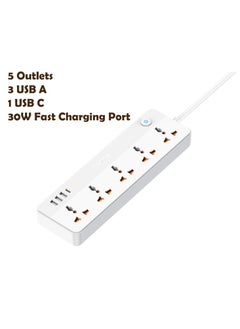 REMAX Multifunctional Power Strip 2500W with USB-C & 5-Outlets, 1.5M Cable, 30W Type-C, USB PORTS, Independent Switches & Indicator Light, UK PLUG  - Image 1