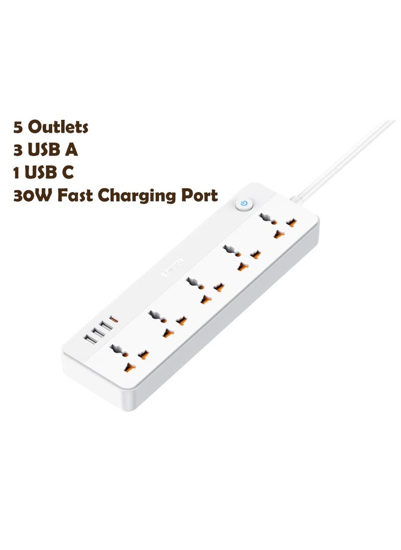 REMAX Multifunctional Power Strip 2500W with USB-C & 5-Outlets, 1.5M Cable, 30W Type-C, USB PORTS, Independent Switches & Indicator Light, UK PLUG  - Image 1