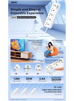 REMAX Multifunctional Power Strip 2500W with USB-C & 5-Outlets, 1.5M Cable, 30W Type-C, USB PORTS, Independent Switches & Indicator Light, UK PLUG  - Image 2