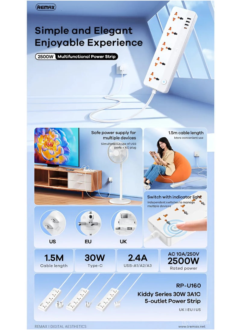 REMAX Multifunctional Power Strip 2500W with USB-C & 5-Outlets, 1.5M Cable, 30W Type-C, USB PORTS, Independent Switches & Indicator Light, UK PLUG  - Image 2