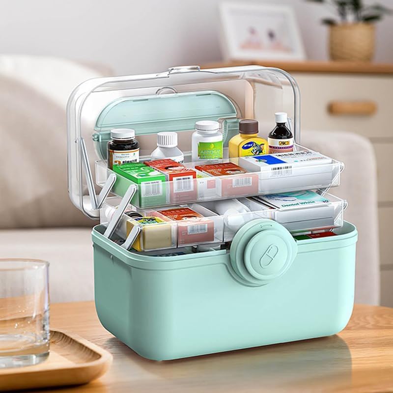Saim Plastic Medical Box First Aid Storage Containers 3-Tier Fold Tray with Removable Pill Case Family Empty Medication Organizer with Handled for Home, Medical Facility, School and Travel-Green 