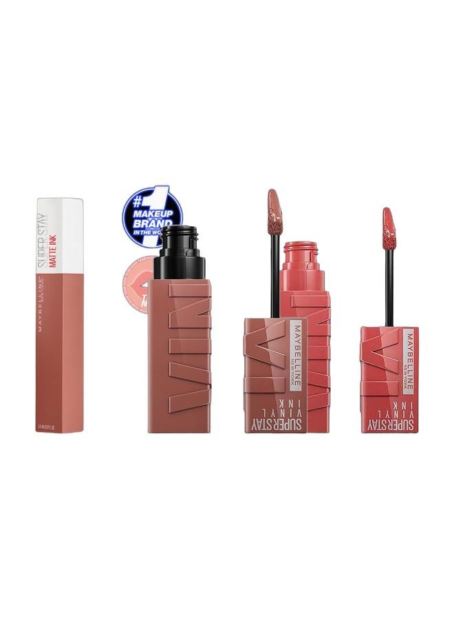 MAYBELLINE NEW YORK Super Stay Vinyl Ink Nudes Longwear Transfer Proof Gloss Lipstick 120 Punchy & Super Stay Vinyl Ink 16h Longwear Transfer Proof Smudge Proof Instant Shine Finish Liquid Lipstick  - 15 Peachy & Maybelline New York Superstay Matte Ink Liquid Lipstick - 65 Seductress 65 Seductress Bundle - Image 1