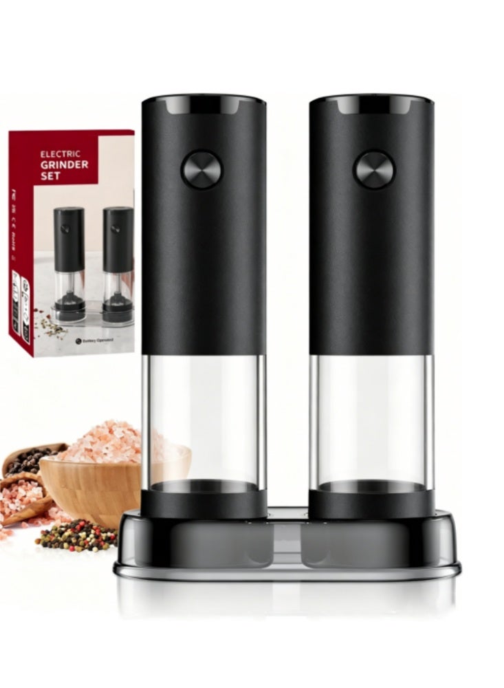Portable Electric Salt and Pepper Grinder Set, Battery Operated Pepper Mill with Light (2 Mills) - With Base - Shakers Adjustable Coarseness - Coffee Bean Grinders