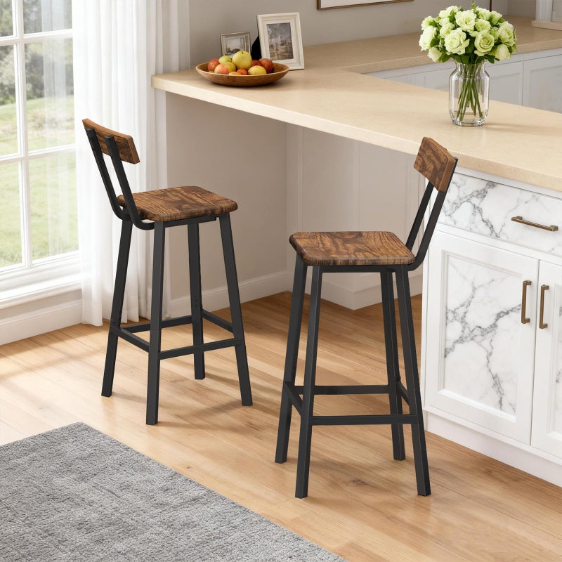 MAHANCRIS Bar Stools, Set of 2 Bar Chairs with Backrest and Footrest, 26" Breakfast Chairs, Counter Stools for Bar, Living Room, Kitchen, and Dining Room, Rustic Brown and Black BAHR05101 - Image 1