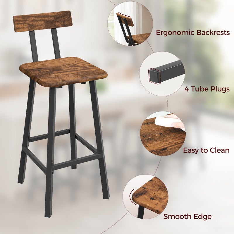 MAHANCRIS Bar Stools, Set of 2 Bar Chairs with Backrest and Footrest, 26" Breakfast Chairs, Counter Stools for Bar, Living Room, Kitchen, and Dining Room, Rustic Brown and Black BAHR05101 - Image 5