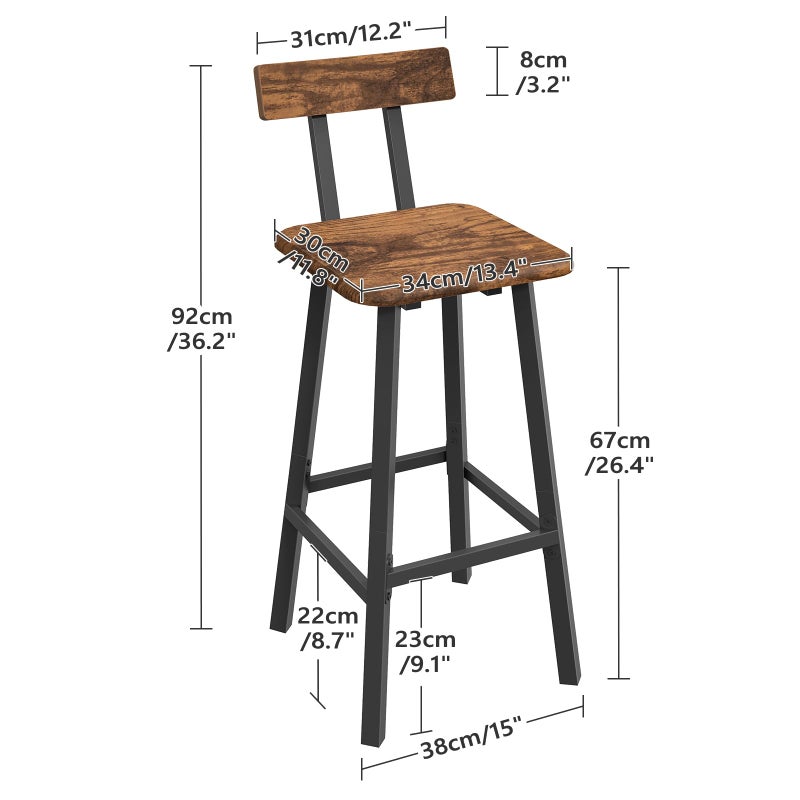 MAHANCRIS Bar Stools, Set of 2 Bar Chairs with Backrest and Footrest, 26" Breakfast Chairs, Counter Stools for Bar, Living Room, Kitchen, and Dining Room, Rustic Brown and Black BAHR05101 - Image 4