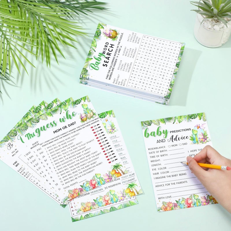 Jetec 302 Pcs Cute Dinosaur Theme Baby Shower Games, 6 Games, 50 Sheets Each, Shower, Word Scramble, Baby Word Search, Predictions and Advice, The Price is Right - Image 3