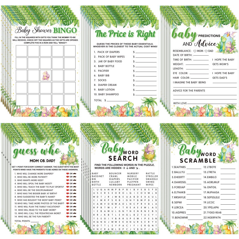 Jetec 302 Pcs Cute Dinosaur Theme Baby Shower Games, 6 Games, 50 Sheets Each, Shower, Word Scramble, Baby Word Search, Predictions and Advice, The Price is Right - Image 1