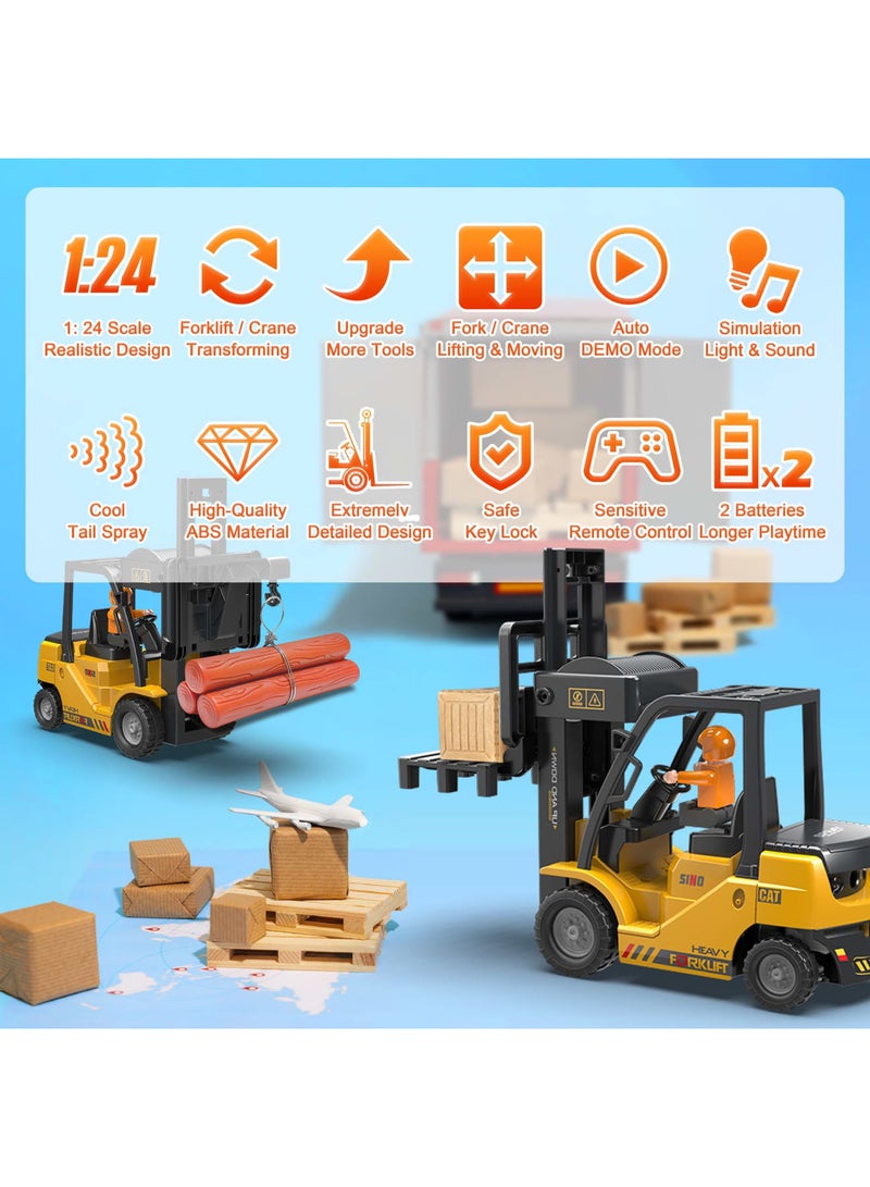 SYOSI 2.4Ghz Remote Control Forklift Cranes 2 in 1 RC Forklift Truck, 6 Channel 2 Mode Channel Remote Control Crane with Spray Sound and Lights, 1:24 Scale Construction Truck Toy Gift for Kids for 3-7 - Image 5
