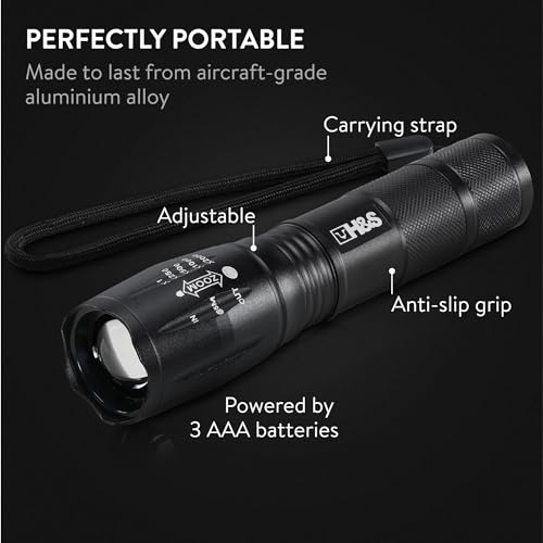 HST H&S T6 LED Super Bright Flashlight - Waterproof Tactical Flash Light with 5 Brightness Modes - 3 x AAA Batteries Included - Image 3