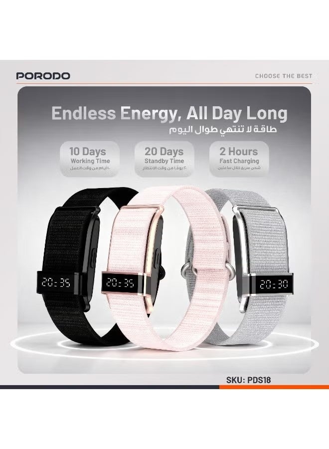 porodo سوار ذكي لتعقب اللياقة البدنية مع شاشة وتطبيق، مقاوم للماء، متعقب النشاط، يصل وقت العمل إلى 10 أيام، أوضاع تتبع تمارين متعددة - فضي - Image 2