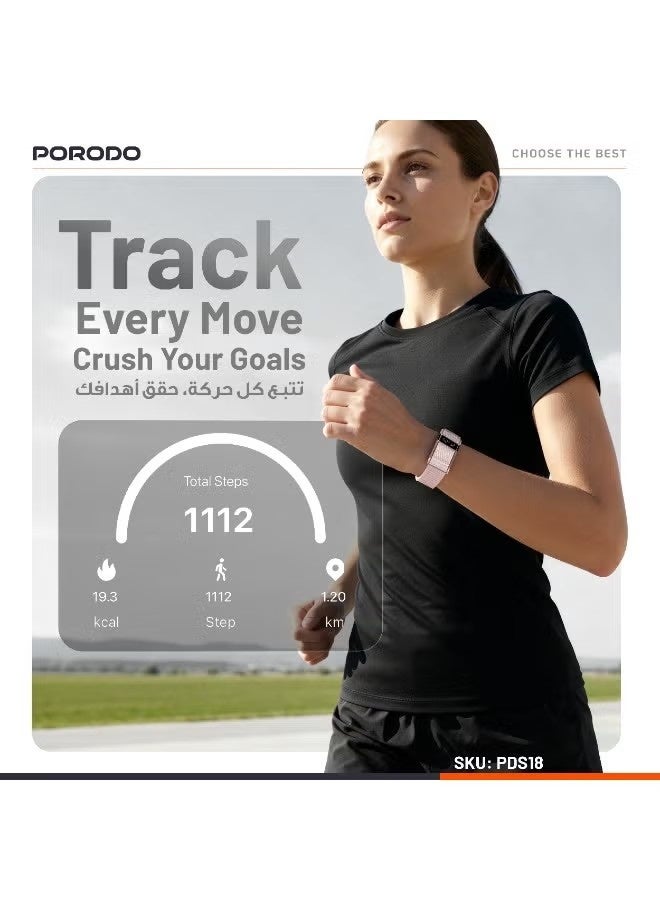 porodo سوار ذكي لتعقب اللياقة البدنية مع شاشة وتطبيق، مقاوم للماء، متعقب النشاط، يصل وقت العمل إلى 10 أيام، أوضاع تتبع تمارين متعددة - فضي - Image 4