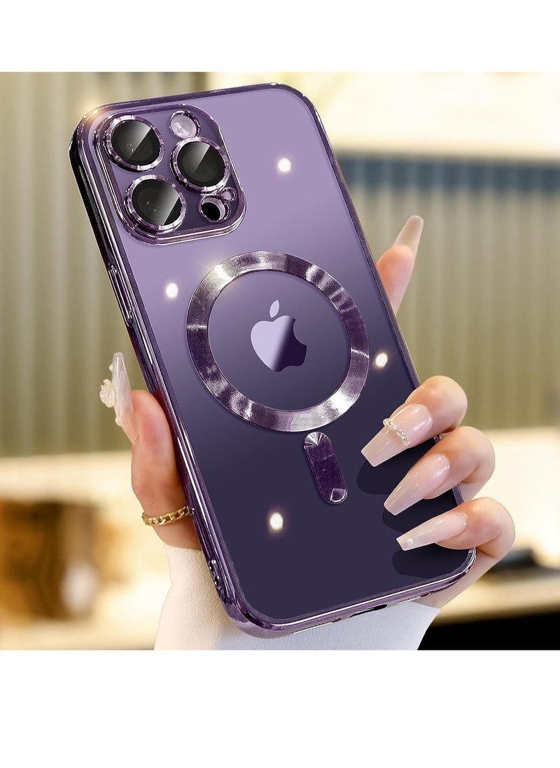 Raxoom Magnetic Clear Case for iPhone 15 Pro Max Case [Compatible with MagSafe] [with Camera Lens Protector] Luxury Plating Soft TPU Shockproof Anti-Scratch Phone Case for Women & Men (Purple) - Image 1