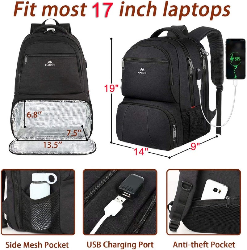MATEIN Lunch Backpack for Men Work, 17 Inch Insulated Cooler Backpack Lunch Box with USB Charging Port, Water Resistant Laptop Backpack Computer Bag Meal Prep Backpack for Picnic College Travel, Black - Image 2