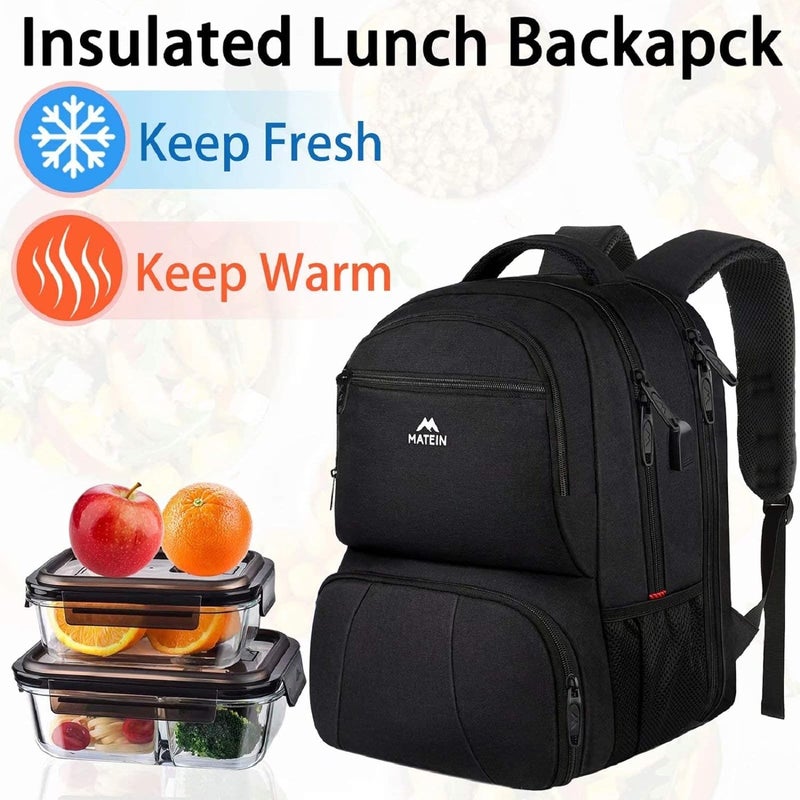 MATEIN Lunch Backpack for Men Work, 17 Inch Insulated Cooler Backpack Lunch Box with USB Charging Port, Water Resistant Laptop Backpack Computer Bag Meal Prep Backpack for Picnic College Travel, Black - Image 5