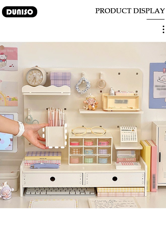 DUNISO Office Desk Organizer, 2-in-1 Desktop Organizer & Pegboard Display Panels with Drawers and Pen Holder Desktop Storage Rack Stationery Organizer for Home Office Art Supplies - Image 4
