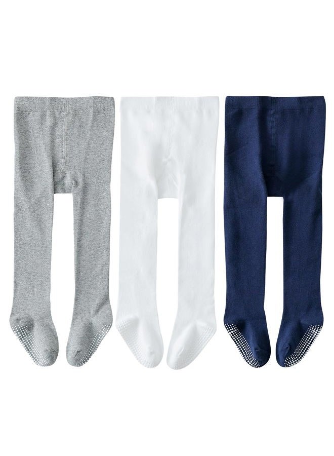 EPEIUS Toddler Girl Tights Baby Boy Seamless Non Slip/Skid Grip Leggings Cotton Stockings Footed Pants Solid Plain Tights Pantyhose for 12-24 Months,3 Pair Pack,Ivory White/Grey/Navy Blue, Ivory - Image 1