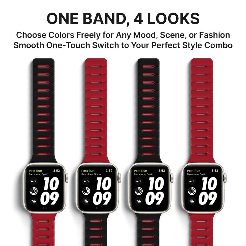 Bandletic أحزمة مغناطيسية قابلة للعكس من Bandletic متوافقة مع أحزمة ساعة آبل 49mm/46mm/45mm/44mm/42mm(3/2/1) للرجال، سيليكون مريح مغناطيس قوي لسلسلة iWatch 11 10 Ultra SE3 9 8 7 6 5 4، أسود أحمر - Image 3