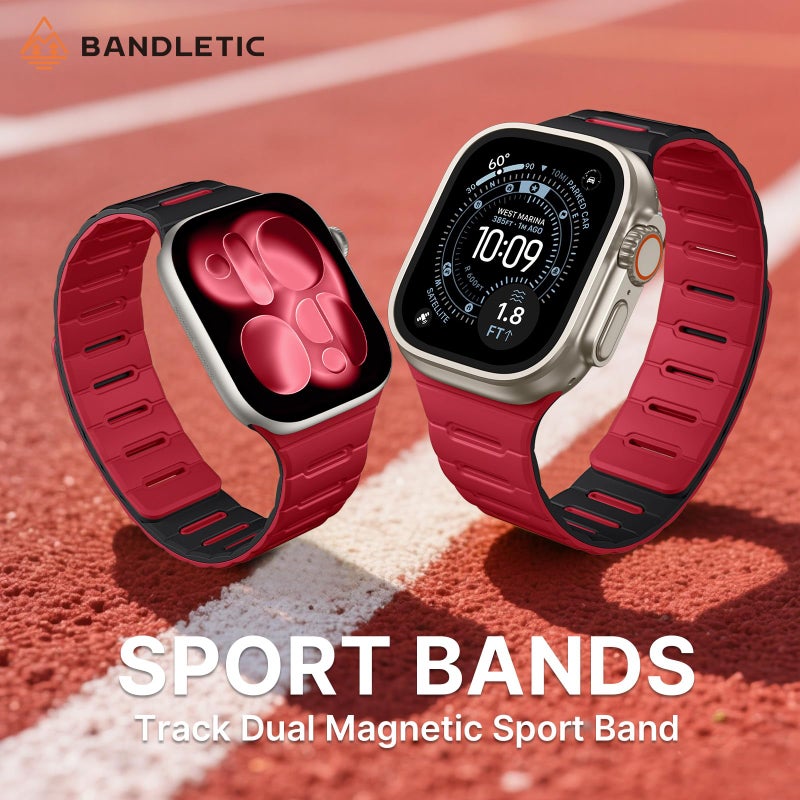 Bandletic أحزمة مغناطيسية قابلة للعكس من Bandletic متوافقة مع أحزمة ساعة آبل 49mm/46mm/45mm/44mm/42mm(3/2/1) للرجال، سيليكون مريح مغناطيس قوي لسلسلة iWatch 11 10 Ultra SE3 9 8 7 6 5 4، أسود أحمر - Image 2