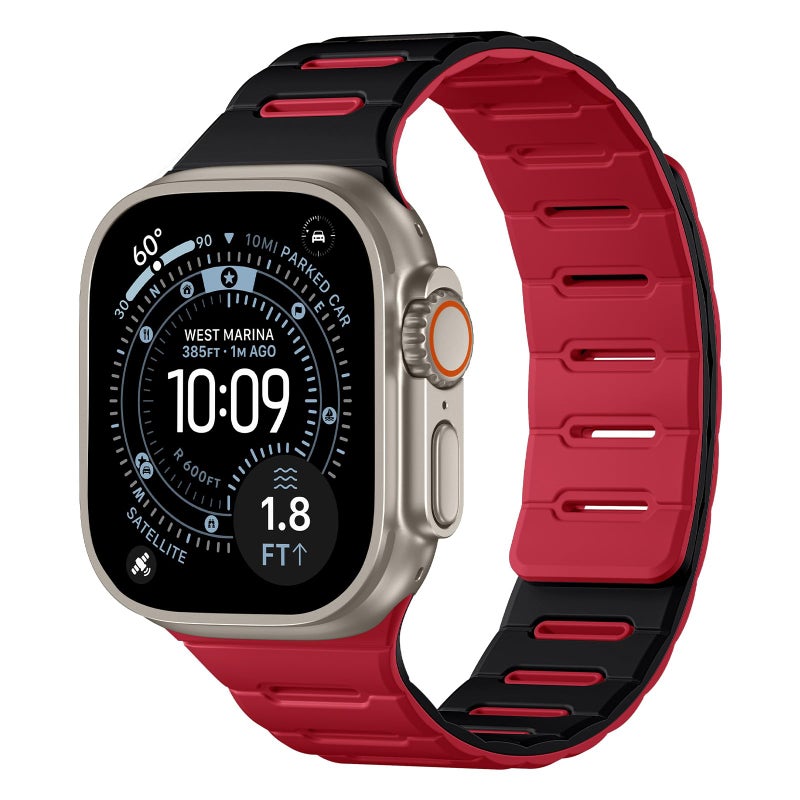 Bandletic أحزمة مغناطيسية قابلة للعكس من Bandletic متوافقة مع أحزمة ساعة آبل 49mm/46mm/45mm/44mm/42mm(3/2/1) للرجال، سيليكون مريح مغناطيس قوي لسلسلة iWatch 11 10 Ultra SE3 9 8 7 6 5 4، أسود أحمر - Image 1