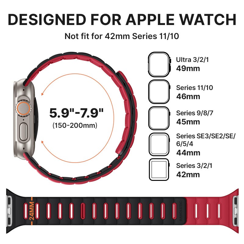 Bandletic أحزمة مغناطيسية قابلة للعكس من Bandletic متوافقة مع أحزمة ساعة آبل 49mm/46mm/45mm/44mm/42mm(3/2/1) للرجال، سيليكون مريح مغناطيس قوي لسلسلة iWatch 11 10 Ultra SE3 9 8 7 6 5 4، أسود أحمر - Image 4