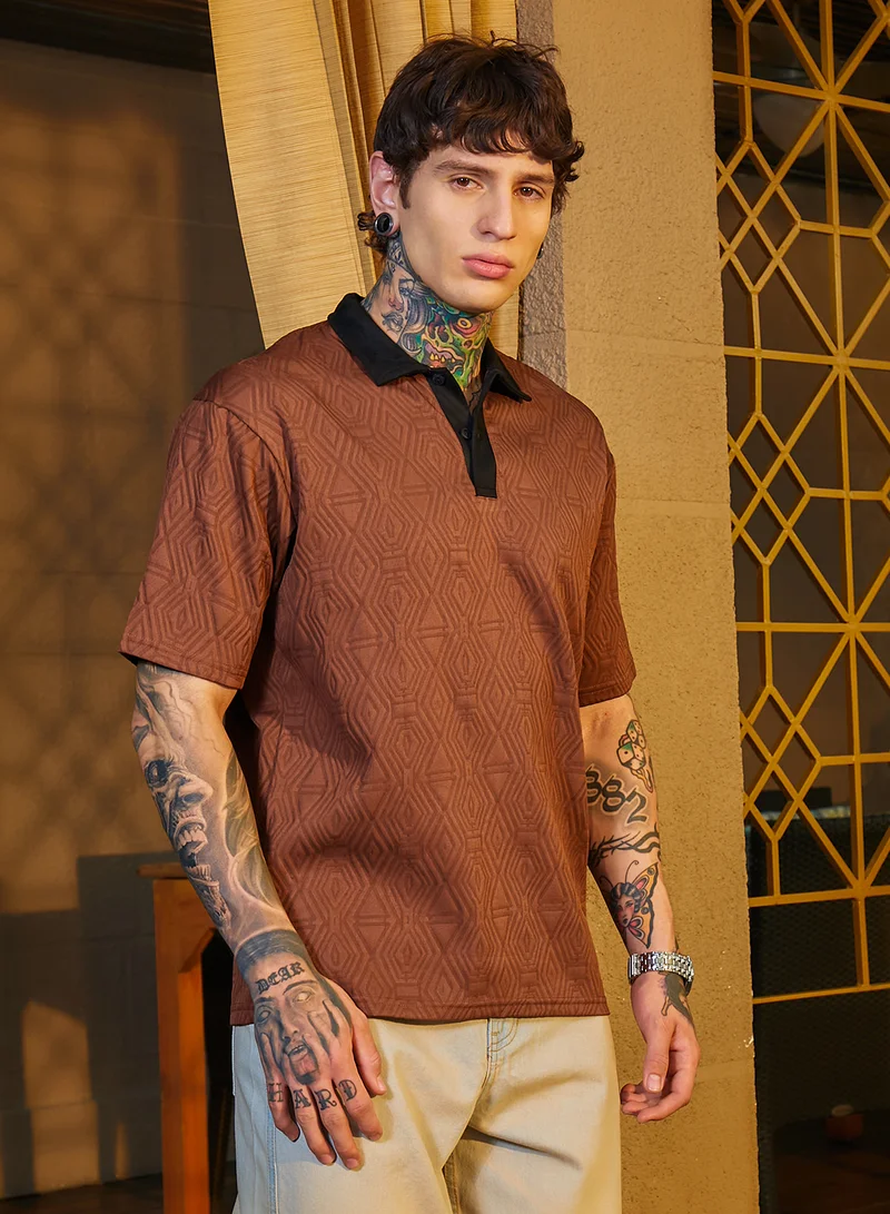 Campus Sutra Men's Chocolate Brown & Onyx Black Triad Contrast Polo T-Shirt
