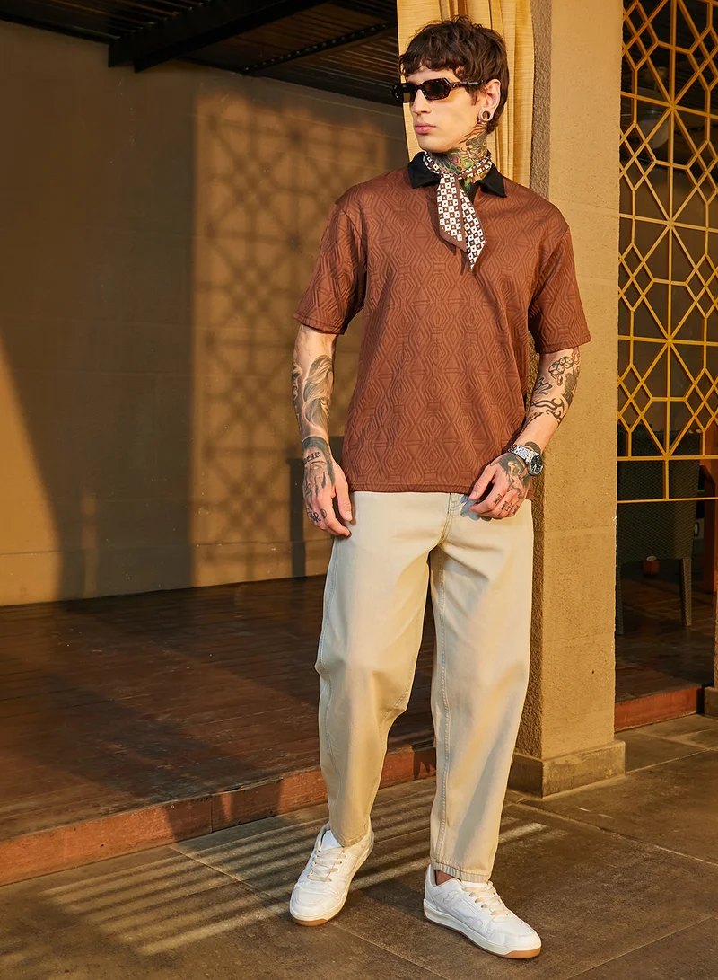 Campus Sutra Men's Chocolate Brown & Onyx Black Triad Contrast Polo T-Shirt