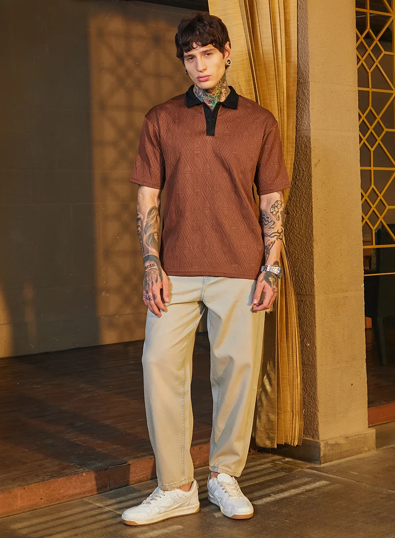 Campus Sutra Men's Chocolate Brown & Onyx Black Triad Contrast Polo T-Shirt