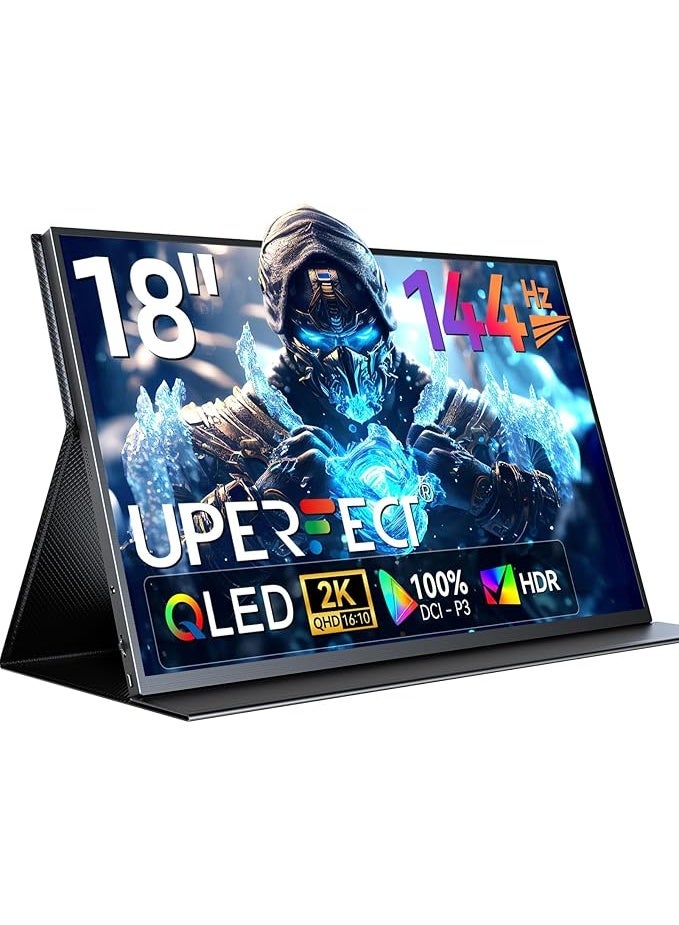 أوبيرفكت شاشة العاب محمولة 2K 144Hz من يو بيرفيكت 18 انش 2560x1600 QHD 100 DCI-P3، شاشة لابتوب فري سينك HDR مع فيسا وحافظة، شاشة ثانية رفيعة بدون اطار مات IPS للعناية بالعين لوحدة تحكم الالعاب - Image 1